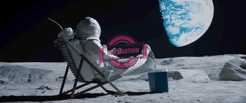 Lunar astronaut having a beer while resting in a beach chair on Moon surface
