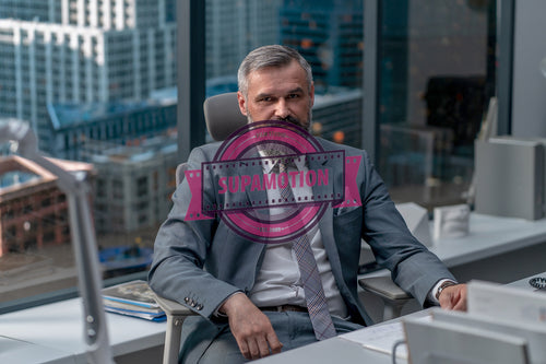 Portrait of 50s Caucasian businessman CEO posing at his desk in modern office