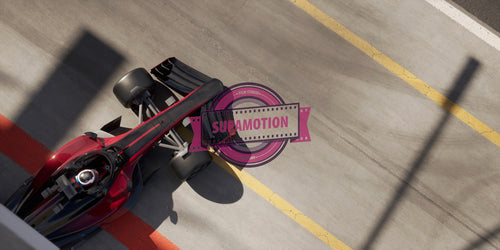 Overhead shot modern generic sports racing car driving out from pitlane garage