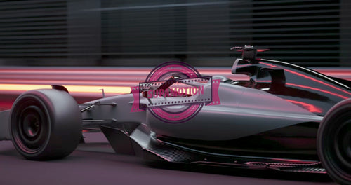 TRACKING shot of a modern generic sports racing car driving fast on a track with bright lights. Realistic 3d rendering