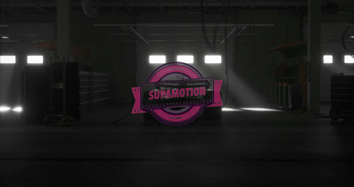 DOLLY IN Back view silhouette of a modern generic sports racing car standing in a dark garage on a pit lane, cinematic lighting. Realistic 3d rendering