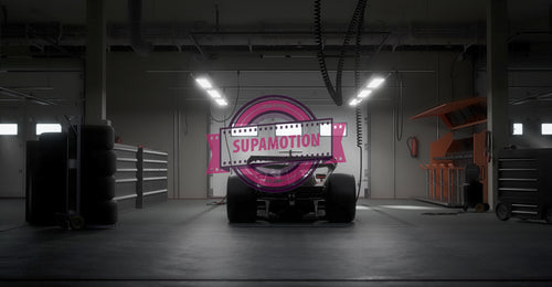Silhouette of a modern generic sports racing car standing in a dark garage