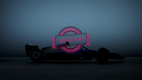 Lights reveal the silhouette of a a modern generic sports racing car standing in a dark garage. Realistic 3d rendering