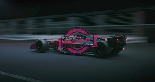 TRACKING shot of a modern generic sports racing car driving fast on a track with bright lights. Realistic 3d rendering