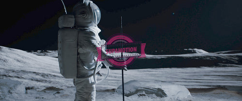 Portrait of lunar astronaut placing a flag pole on the Moon surface