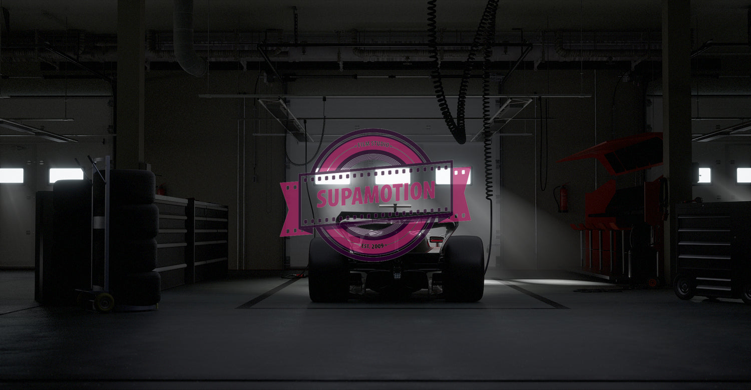 Silhouette of a modern generic sports racing car standing in a dark garage