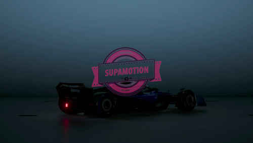 Lights reveal the silhouette of a a modern generic sports racing car standing in a dark garage. Realistic 3d rendering