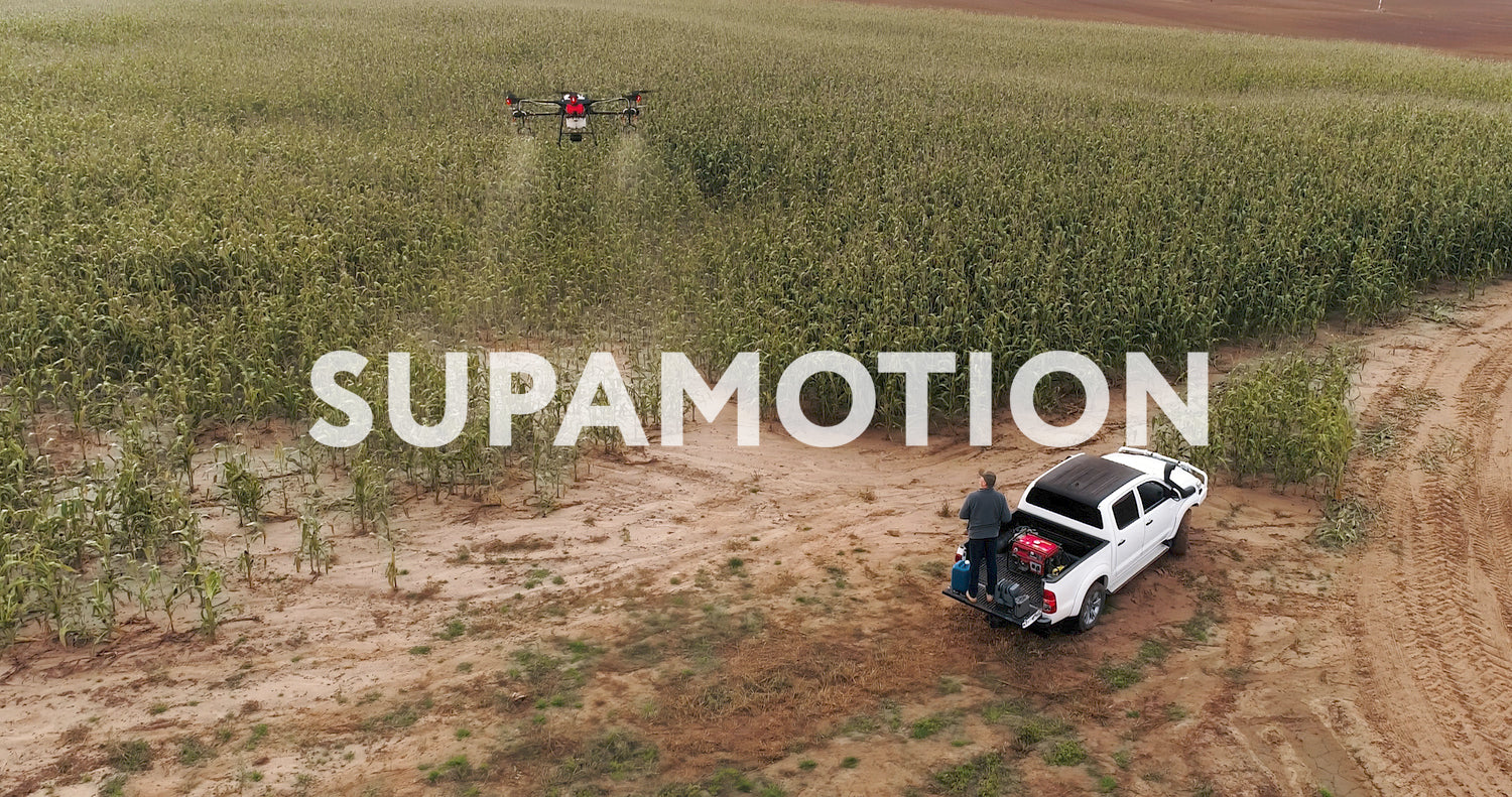 AERIAL Farmer controlling a huge intelligent agriculture drone near corn field