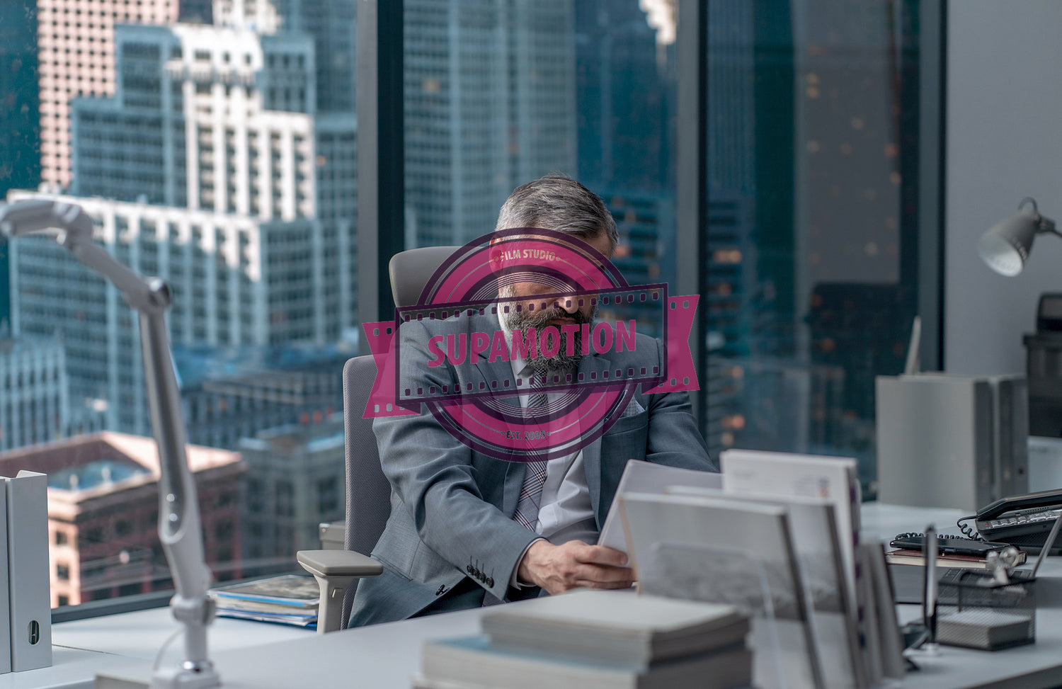 Portrait of 50s adult Caucasian businessman working at his desk in the office