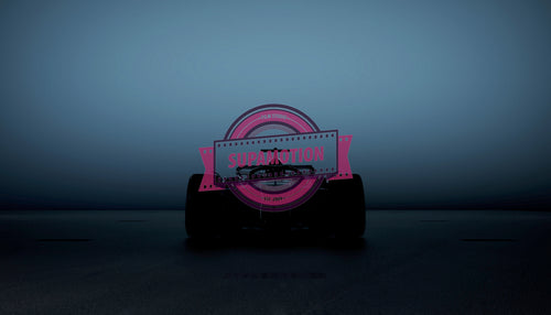 Front silhouette of a modern generic sports racing car standing in a dark garage